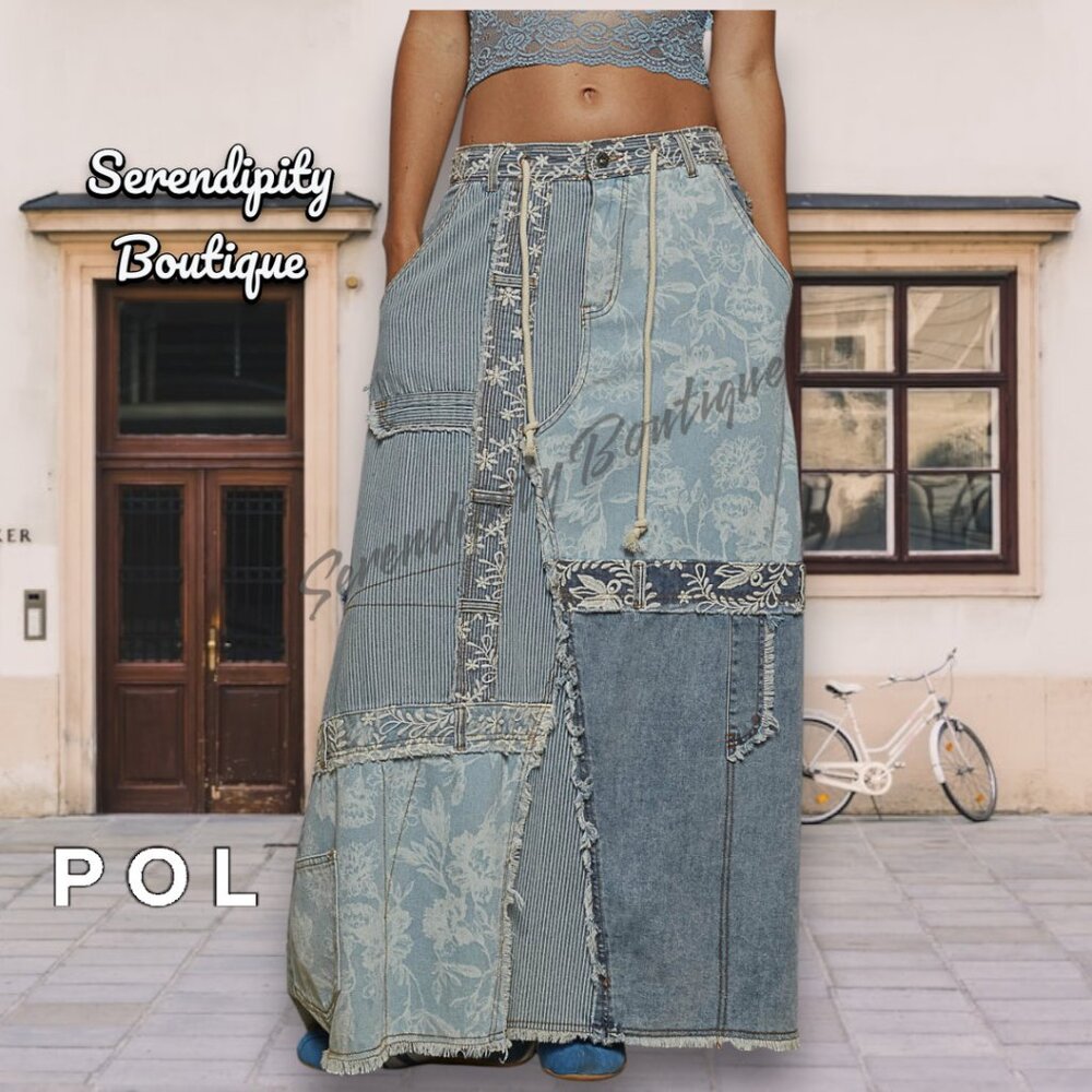 POL Patchwork Street 90s Grunge Era Denim Floral Boho Maxi Blue Jean Skirt